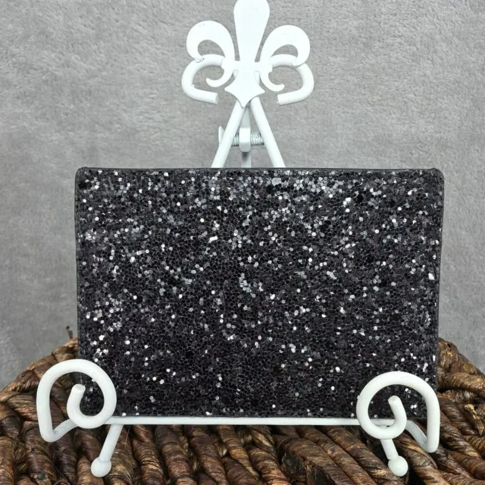 Kate Spade Card Case Holder Greta Court Graham Sparkling Black Glitter Slim Mini